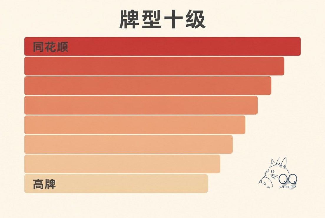 扁平矢量风格的中文信息图，十级牌型由宽到窄排成纵向阶梯